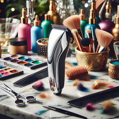 Close-up of wireless hair clippers Shiny metal with make up brushes and cosmetics in salon room