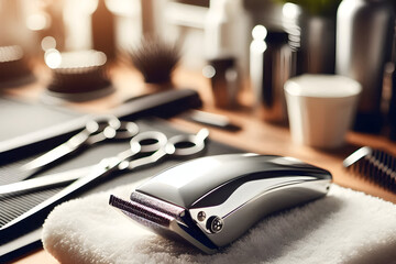 Close-up of wireless hair clippers Shiny metal with make up brushes and cosmetics in salon room