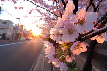 Close up of a tree with pink flowers in front of a city street - Outdoor