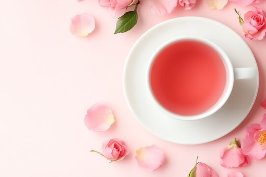 A serene composition featuring a cup of pink tea surrounded by delicate rose petals on a soft pastel background.