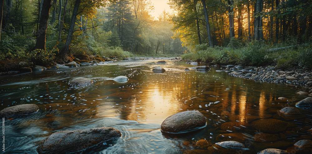 Poster A slow-moving river winding through a quiet forest, with smooth rocks beneath the surface and soft reflections of the trees above.