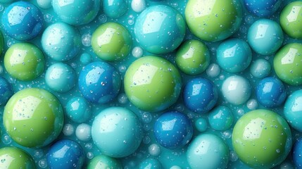A close-up view of colorful, glossy spheres in various shades of blue and green.