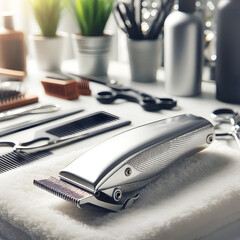Close-up of wireless hair clippers Shiny metal with make up brushes and cosmetics in salon room