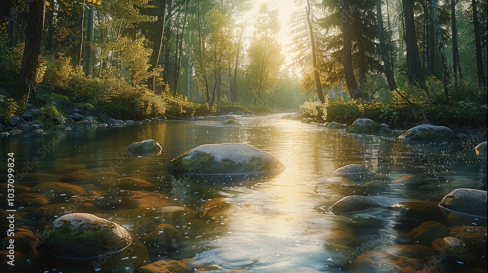 Poster A slow-moving river winding through a quiet forest, with smooth rocks beneath the surface and soft reflections of the trees above.