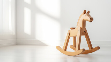 Classic wooden rocking horse toy is standing on a hardwood floor in a sunlit room, waiting for a child to come and play