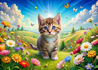 Obraz premium Adorable Cartoon Cat Landscape with Kids Theme for Stickers and Cards