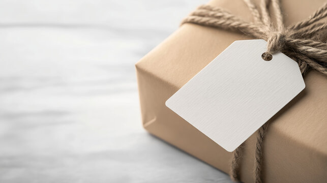 Brown paper gift box with a blank white tag and string on a marble table
