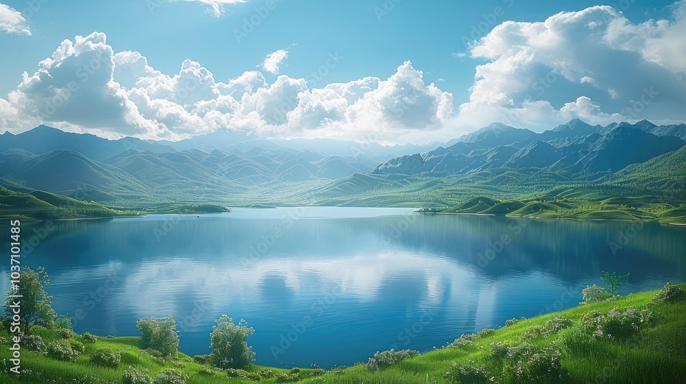 Poster a vast lake, rolling fields, and distant mountains creating a serene and breathtaking landscape.