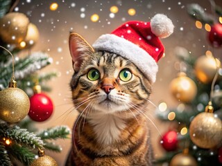 Obraz premium Adorable Tabby Cat in Santa Hat Surrounded by Festive Christmas Decorations and Snowfall - Perfect Holiday Spirit
