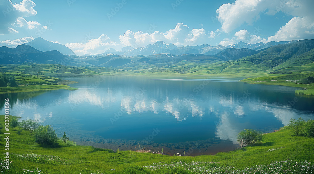 Poster a vast lake, rolling fields, and distant mountains creating a serene and breathtaking landscape.