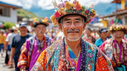 A group of tourists participating in a local festival, dressed in traditional attire and celebrating with the community in a vibrant village square.