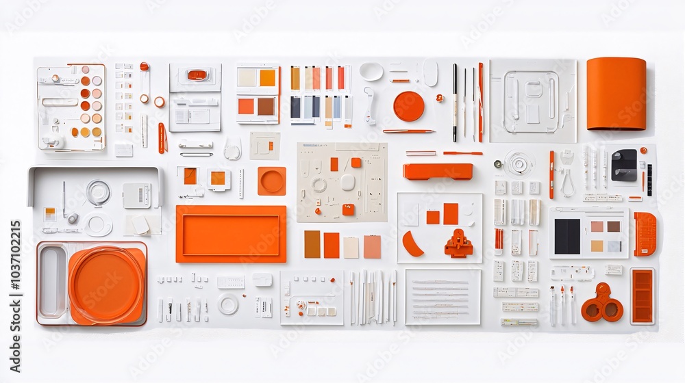 Aufkleber flat lay of assorted orange and white design objects.