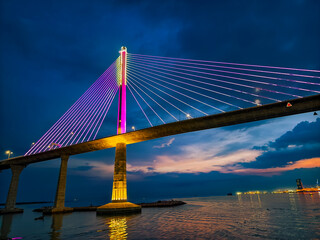 Cebu City, Philippines - CCLEX bridge illuminated at night, reflecting vibrant colors over the water.