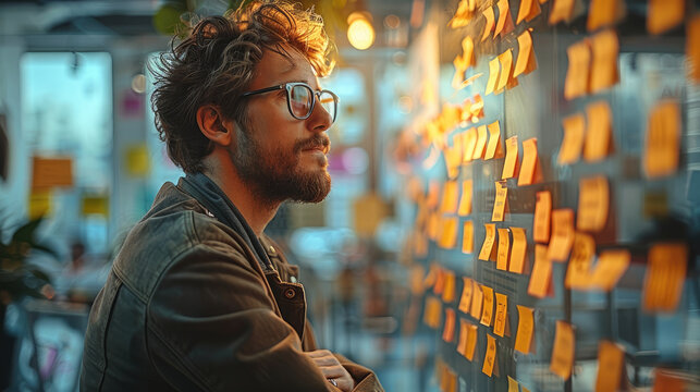 Man with strategy process in office, stickers on the wall. Brainstorming concept. Planning, education, analysis.