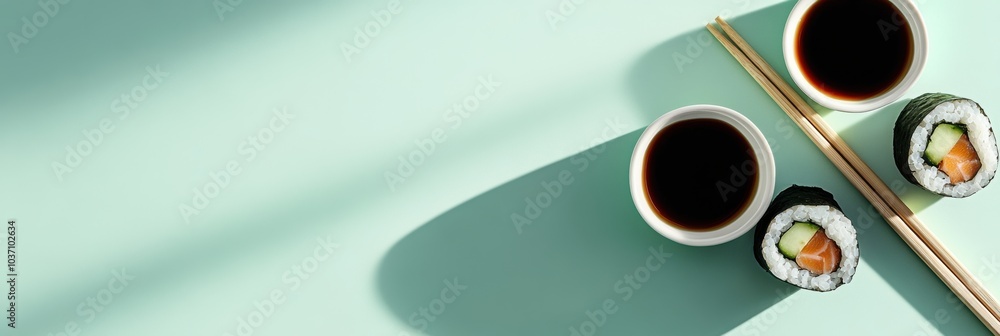 Poster a fresh sushi roll with cucumber sits beside a soy sauce bowl and chopsticks, all arranged on a colo