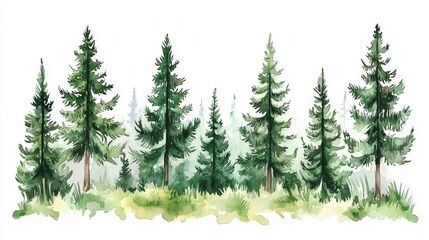 Obraz premium A serene watercolor painting of tall evergreen trees, depicting a natural forest landscape with lush greenery.