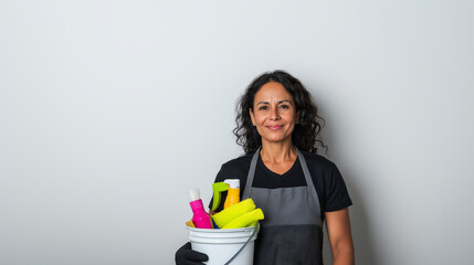 Smiling cleaner with a bucket of supplies, radiating happiness in a home setting. Proudly looking at the camera, she embodies dedication to hygiene