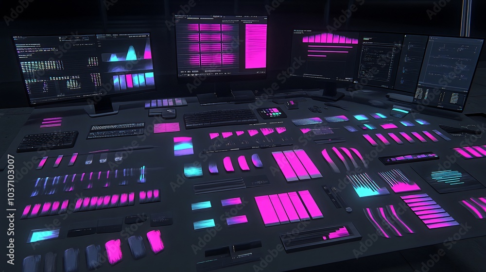 Poster futuristic control room with multiple monitors and glowing buttons.