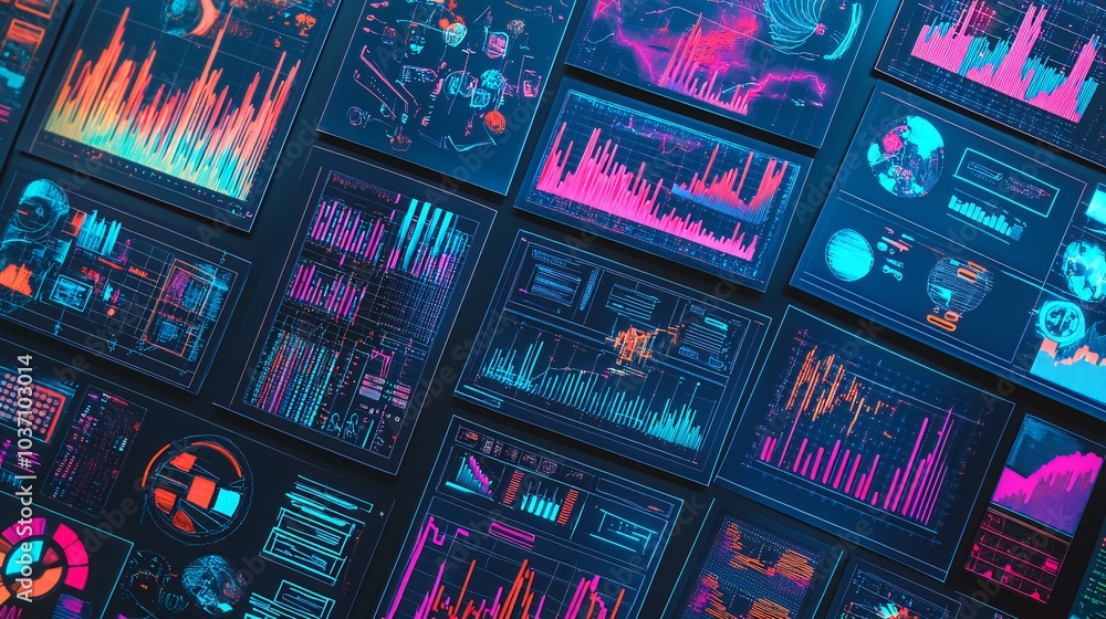 Poster futuristic digital display with neon colored graphs and charts.