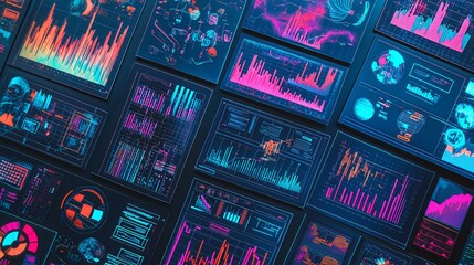 Obraz premium Futuristic digital display with neon colored graphs and charts.