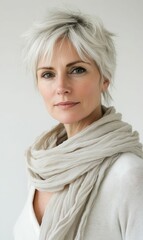 Fototapeta premium A woman with grey hair and a scarf.