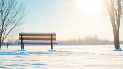 Snow-covered bench on a sunny winter morning with a bright sun in the background