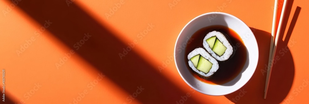 Aufkleber cucumber sushi rolls are elegantly presented in a bowl of soy sauce with chopsticks nearby, set agai