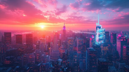 Fototapeta premium A vibrant sunset over a city skyline, showcasing skyscrapers and a colorful sky.