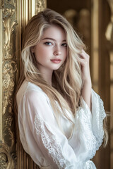Fototapeta premium Elegant Blonde Woman in Lace Robe Posing Against Ornate Gold Background