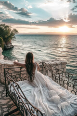 Fototapeta premium Woman in Flowing White Dress Enjoying a Scenic Ocean Sunset from a Seaside Balcony