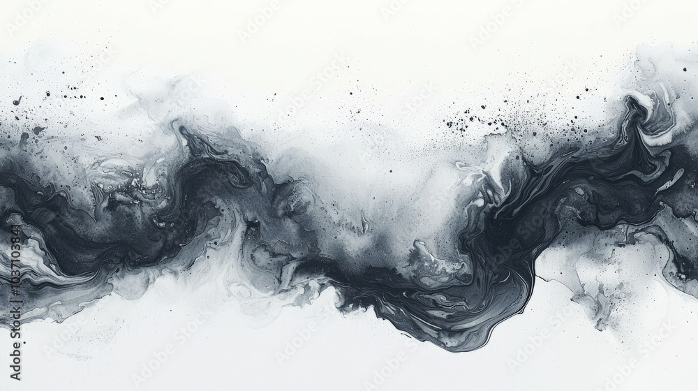 Poster an abstract composition featuring swirling dark ink-like patterns against a white background, evokin