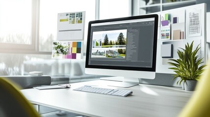 Fototapeta premium Modern workspace with computer monitor showing design software.