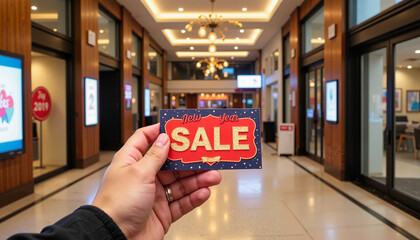 Hand holding sale card in shopping mall with festive lights