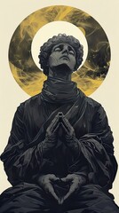Obraz premium Digital Portrait of a Praying Man in Black and White