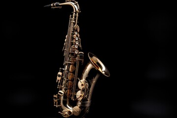 Obraz premium Against a black background a beautifully polished saxophone stands tall revealing its intricate design and gleaming finish that catch the light perfectly