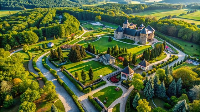 Aerial View of Slanic Moldova Castle Amidst Lush Park Landscape - Scenic Nature Photography
