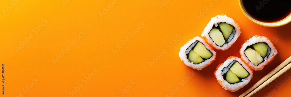 Poster fresh sushi rolls featuring cucumber alongside a bowl of soy sauce and chopsticks, set against a bri