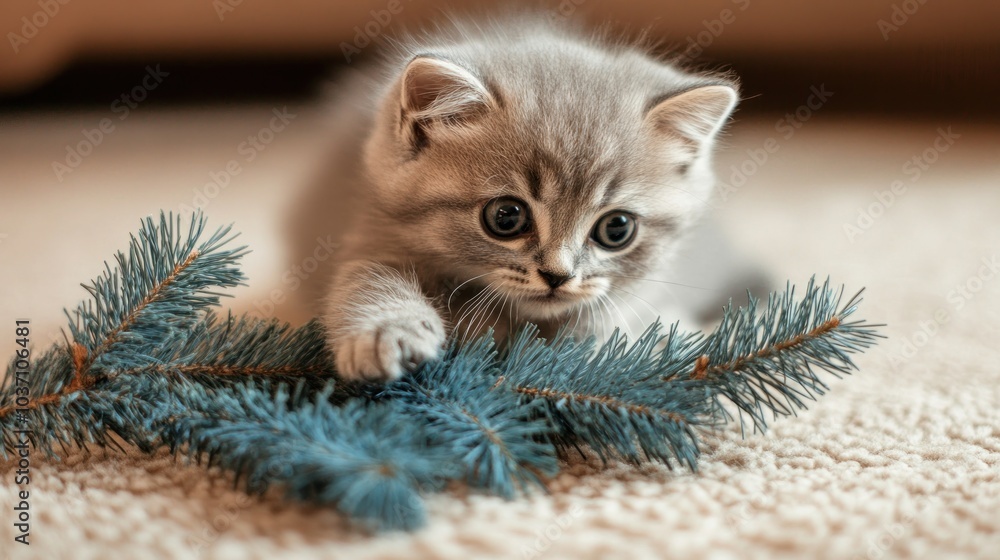 Poster a playful gray kitten interacts with a pine branch on a soft carpet.
