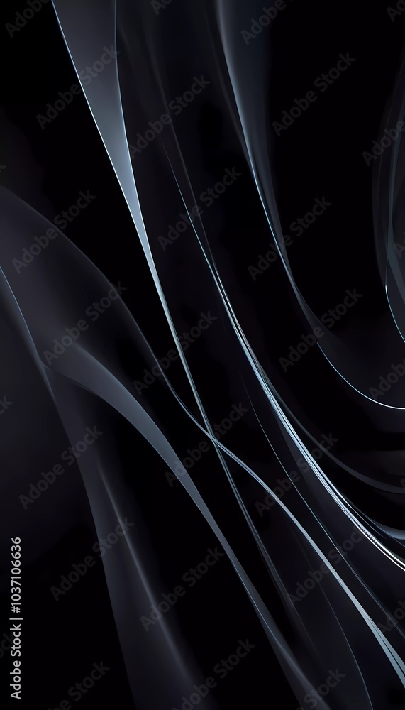 Poster graceful, swirling curves emerging from a dark backdrop, emphasizing fluidity and a dynamic sense of
