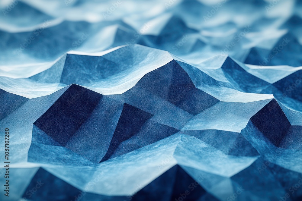 Poster abstract representation of textured blue waves or peaks, emphasizing depth and movement.