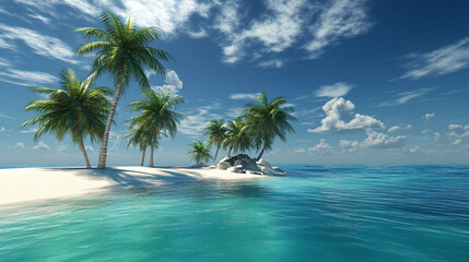 A serene tropical island with palm trees swaying in the breeze and turquoise waters gently lapping at the shore.