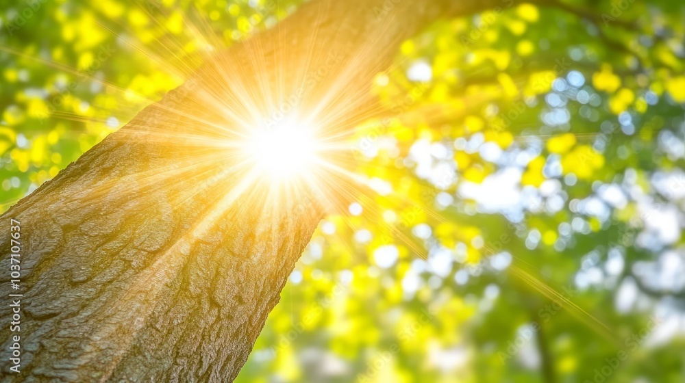 Poster sunlight shining through tree branches in a forest.