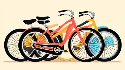 Fototapeta premium Three bicycles, red, blue, and yellow, in a row with thick tires and black saddles.