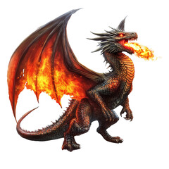 Fantasy dragon breathing fire, white background, transparent background