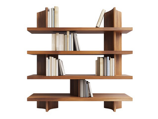 Modern wooden shelf with books, white background, transparent background