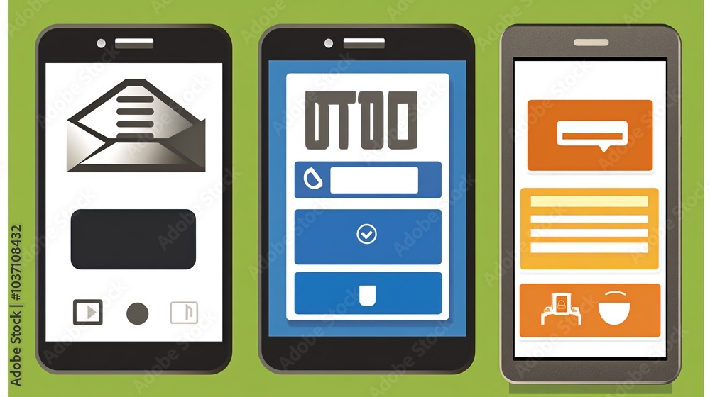 Poster three smartphone devices with icons and text on screen.