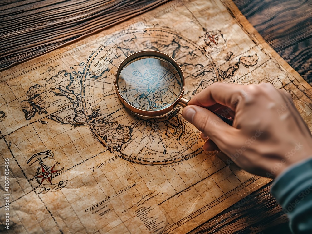 Poster magnifying glass hovering over mysterious vintage map representing the thrill of discovering hidden 