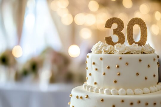 30th birthday cake adorned with gold accents. Birthday party. Blurred light festive background. Golden balloons. Thirty years or thirtieth anniversary. Celebration cake with golden candles. Numbers 30