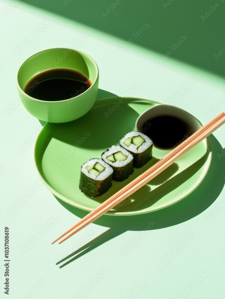 Poster fresh cucumber sushi rolls are beautifully arranged with chopsticks and soy sauce on a muted green b