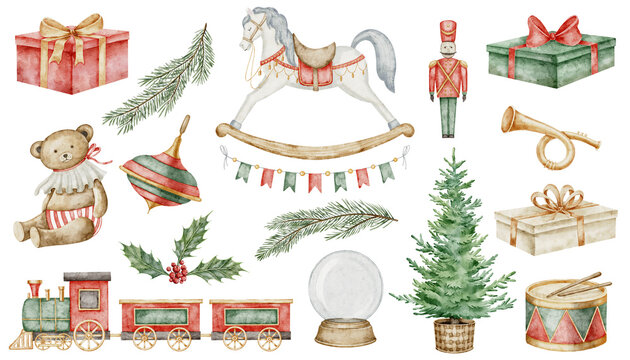 Christmas Baby Toys watercolor clip art. Illustration of retro vintage rocking horse and fir tree for childish New Year greeting cards or Xmas invitations. Drawing of Teddy bear and presents.